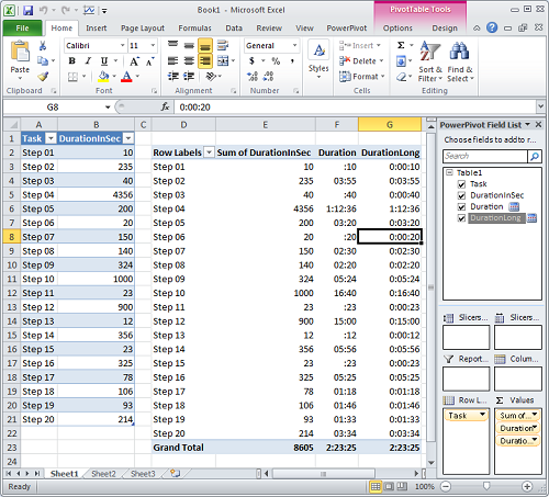 excel workbook with duration-sec